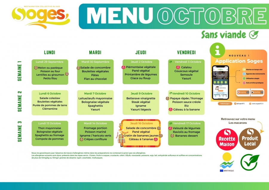 MENU SANS VIANDE MATERNELLES ET ELEMENTAIRES DES MOIS DE OCTOBRE 2025