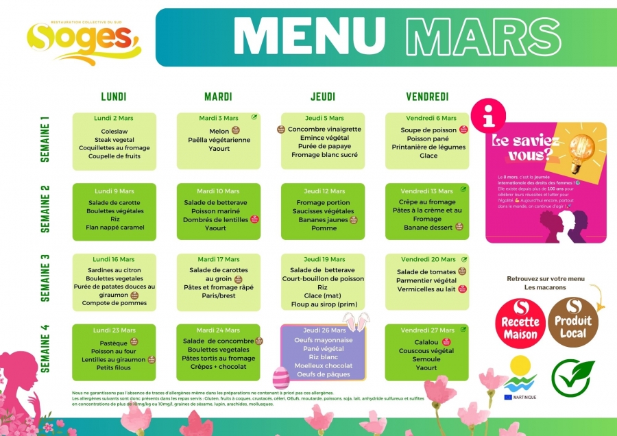MENU SANS VIANDE MATERNELLES ET ELEMENTAIRES DU MOIS DE MARS 2026