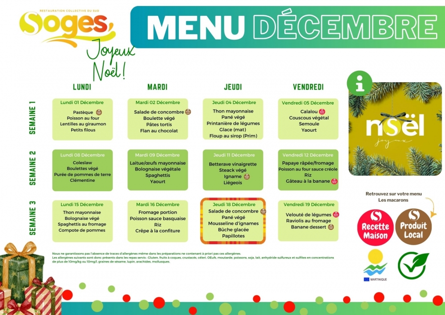MENU SANS VIANDE MATERNELLES ET ELEMENTAIRES DU MOIS DE DECEMBRE 2025