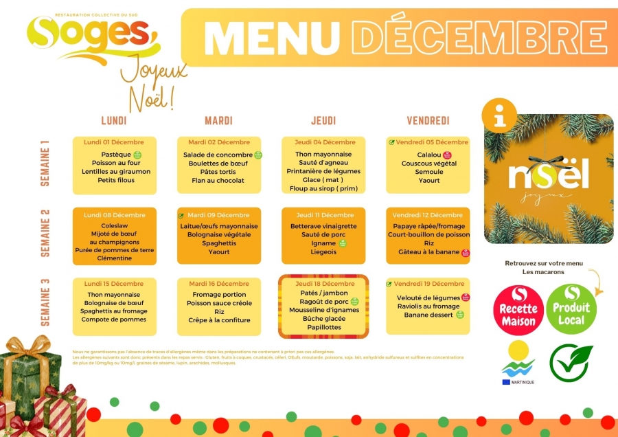 MENU MATERNELLES ET ELEMENTAIRES DES MOIS DE DECEMBRE 2025
