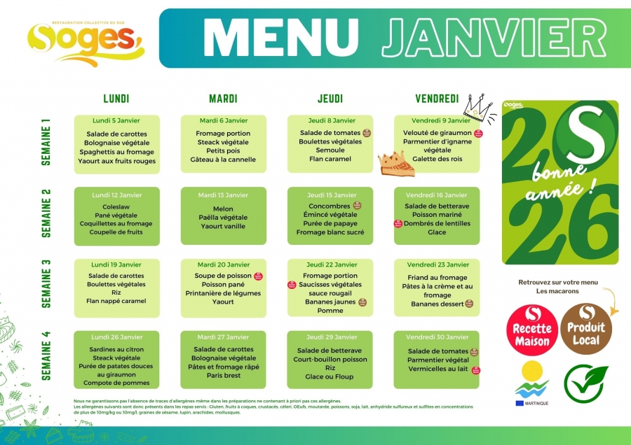 MENU SANS VIANDE MATERNELLES ET ELEMENTAIRES DU MOIS DE JANVIER 2026