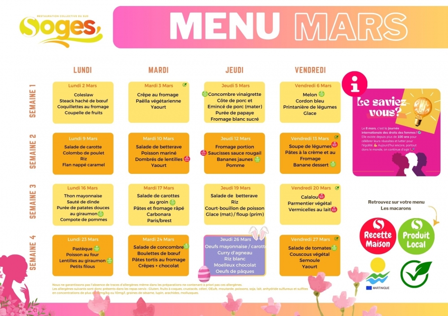 MENU MATERNELLES ET ELEMENTAIRES DES MOIS DE MARS 2026