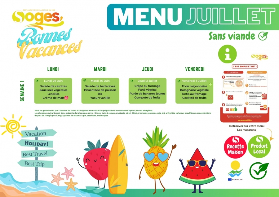 MENU SANS VIANDE MATERNELLES ET ELEMENTAIRES DU MOIS DE JUILLET 2026