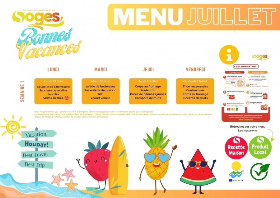 MENU MATERNELLES ET ELEMENTAIRES DU MOIS DE JUILLET 2026